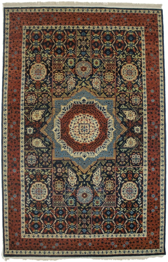 Hand-Knotted Wool Geometric Mamluk Style Area Rug 5'10 x 8'11 Modern Decor: Hand-Knotted Wool Geometric Mamluk Style Area Rug 5'10 x 8'11 Modern Decor This handmade Mamluk-style oriental area rug features a striking geometric design in shades of hale navy, cream, rust, blue, 