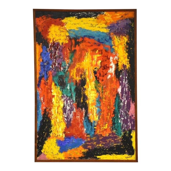 Eichen Signed Mid Century Abstract Painting in Yellow 25 x 37: Eichen Signed Mid Century Abstract Painting in Yellow 25 x 37 Explore this stunning mid-century modern abstract painting, beautifully signed by Eichen. This vibrant artwork features a striking yellow 