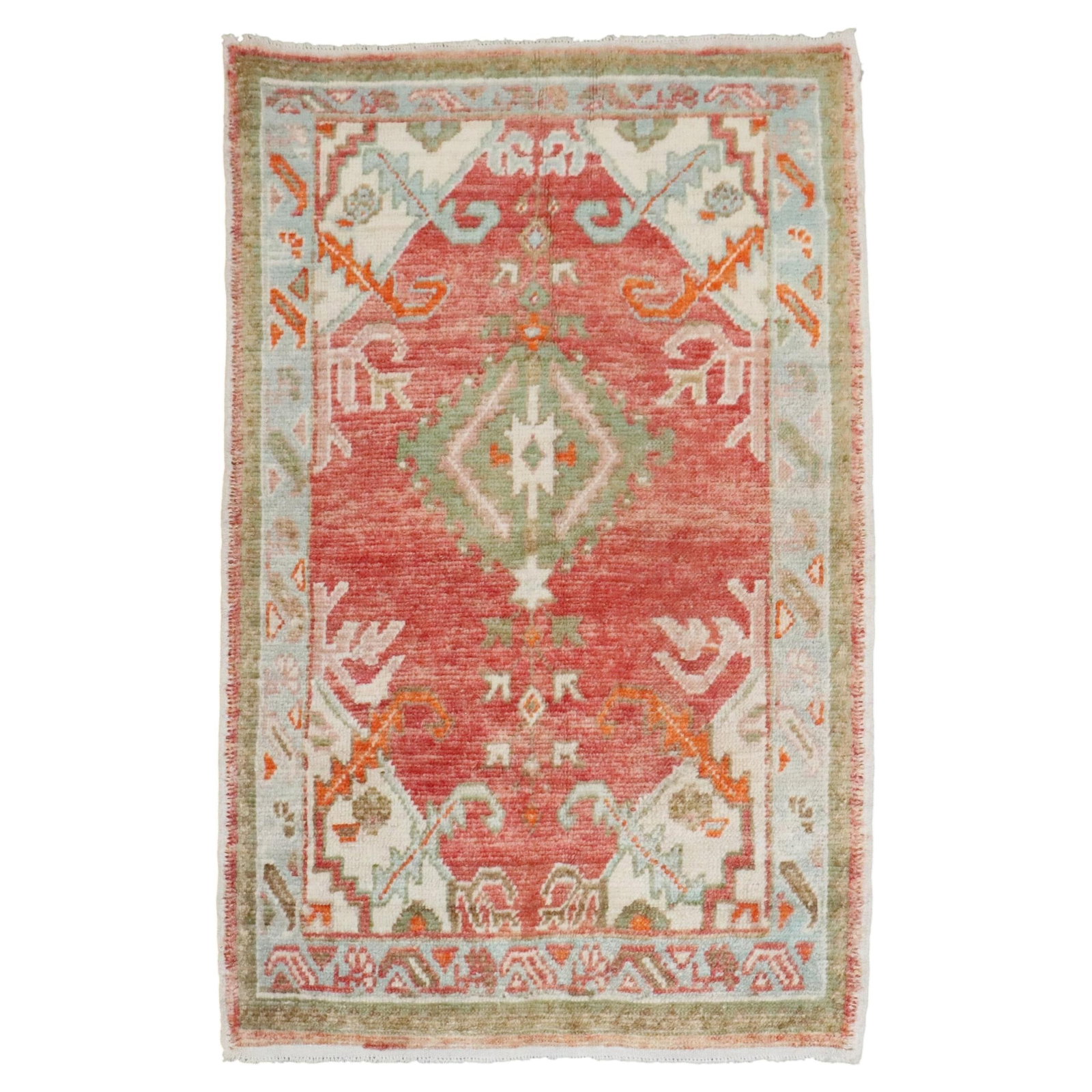 Mid Century Wool Turkish Anatolian Rug 2'7 x 3'11: Mid Century Wool Turkish Anatolian Rug 2'7 x 3'11 This vintage Turkish Anatolian rug from the mid-20th century features an off-center medallion set against a red field. Crafted from wool in the Adiron