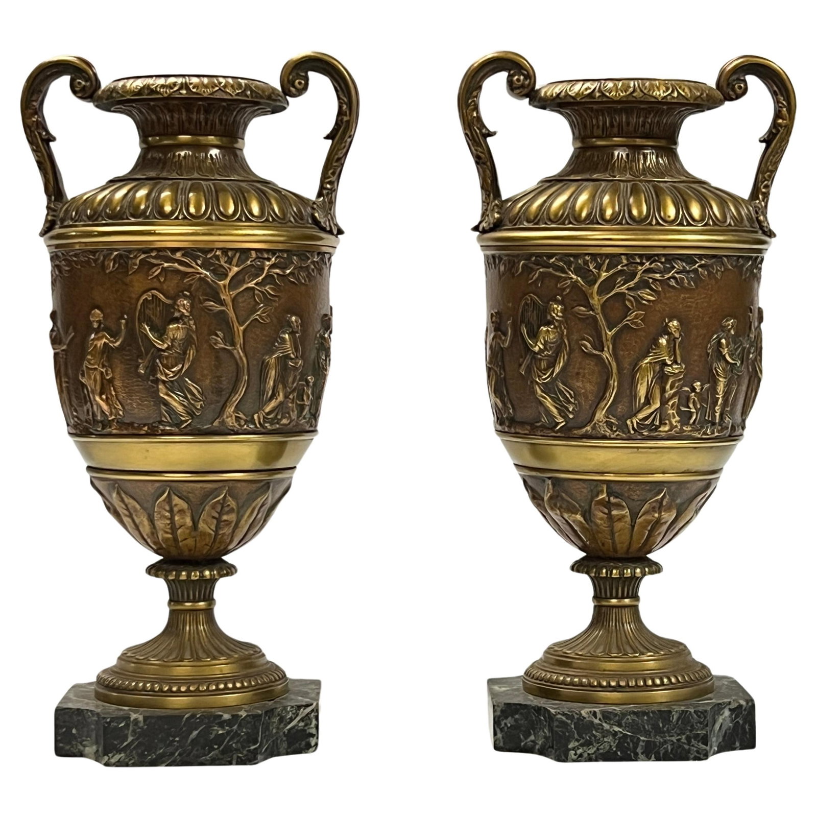 Set of Two Patinated Bronze Neoclassical Revival Vases with Marble Bases: Set of Two Patinated Bronze Neoclassical Revival Vases with Marble Bases This pair of antique patinated bronze vases showcases the Roman neoclassical style, each featuring finely cast figures of music