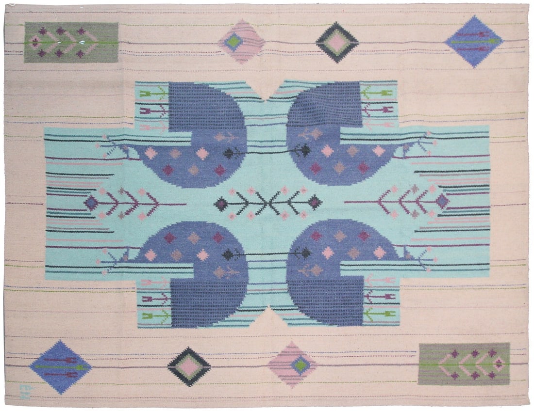 Signed Scandinavian Kilim Wool Flatwoven Tapestry Rug 145x191cm: Signed Scandinavian Kilim Wool Flatwoven Tapestry Rug 145x191cm This vintage Scandinavian flatwoven tapestry rug is an original mid-20th century piece handcrafted in Denmark. Featuring a geometric Art