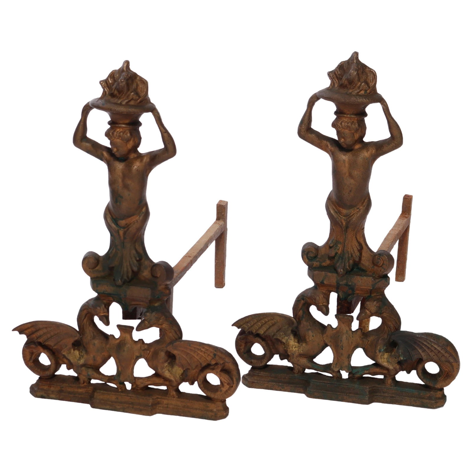 Antique Neoclassical Cast Wrought Iron Andirons Set of 2 (1 of 9)