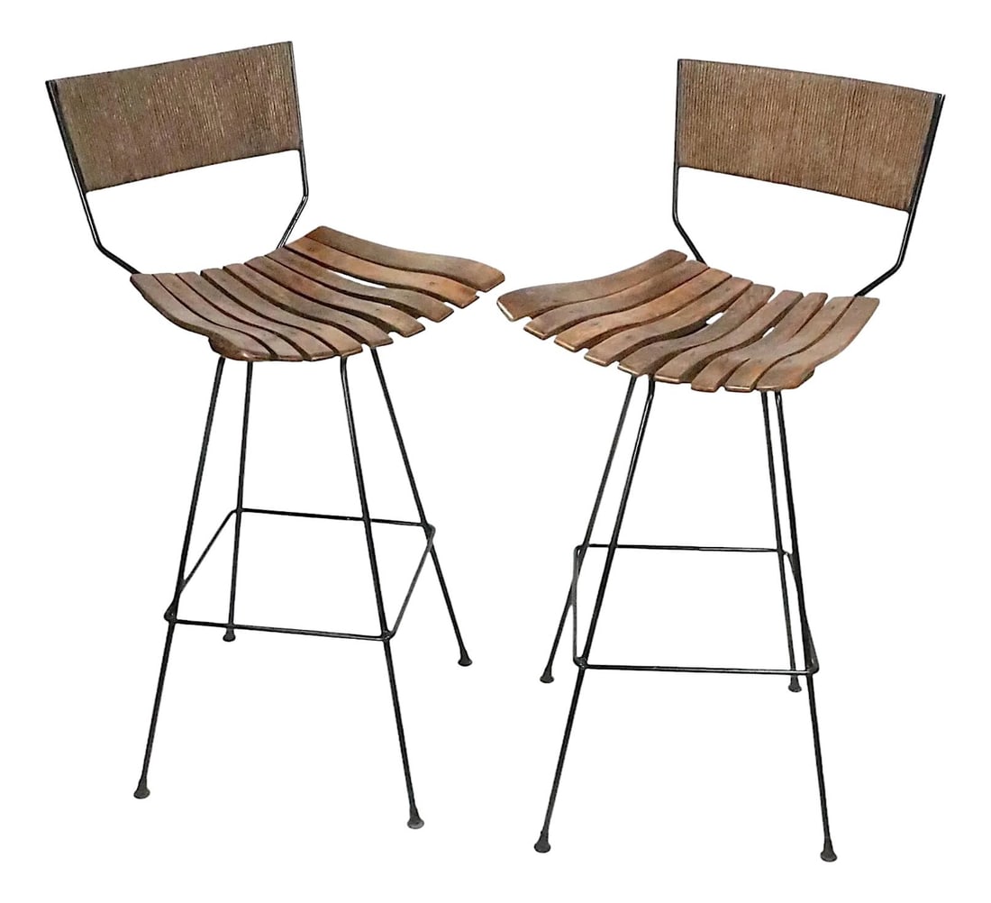 Mid Century Arthur Umanoff Swivel Bar Stools for Raymor 1960s Pair: Mid Century Arthur Umanoff Swivel Bar Stools for Raymor 1960s Pair This stunning pair of Mid Century swivel bar stools, designed by Arthur Umanoff for Raymor in the 1960s, showcases a perfect blend of