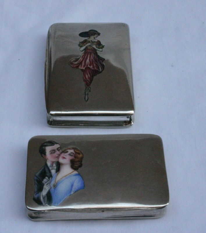 Pair of 19th Century European 800 Silver Enameled Boxes: Pair of 19th Century European 800 Silver Enameled Boxes Discover a remarkable pair of 19th century European enameled silver boxes, crafted from 800 sterling silver. This exquisite collection features