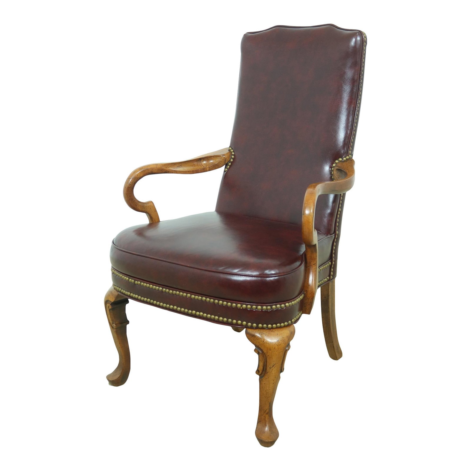Elegant Burgundy Naugahyde Queen Anne Open Armchair: Elegant Burgundy Naugahyde Queen Anne Open Armchair This elegant Burgundy Naugahyde Queen Anne Open Armchair features a traditional style and is approximately 30 years old. It has been well cared for,