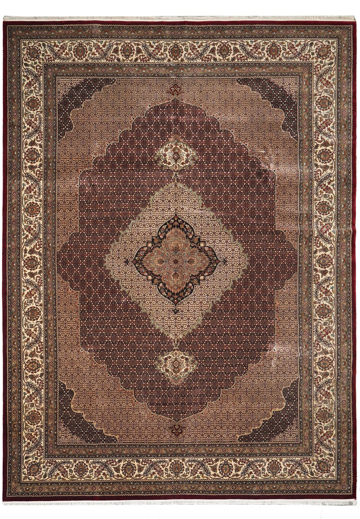 9.9 x 13.4 Handmade Tabriz Mahi Rug Wool Silk Black India: 9.9 x 13.4 Handmade Tabriz Mahi Rug Wool Silk Black India Free continental US Shipping This high-quality Tabriz Mahi area rug is hand-knotted in India using a blend of wool and silk. Featuring a class