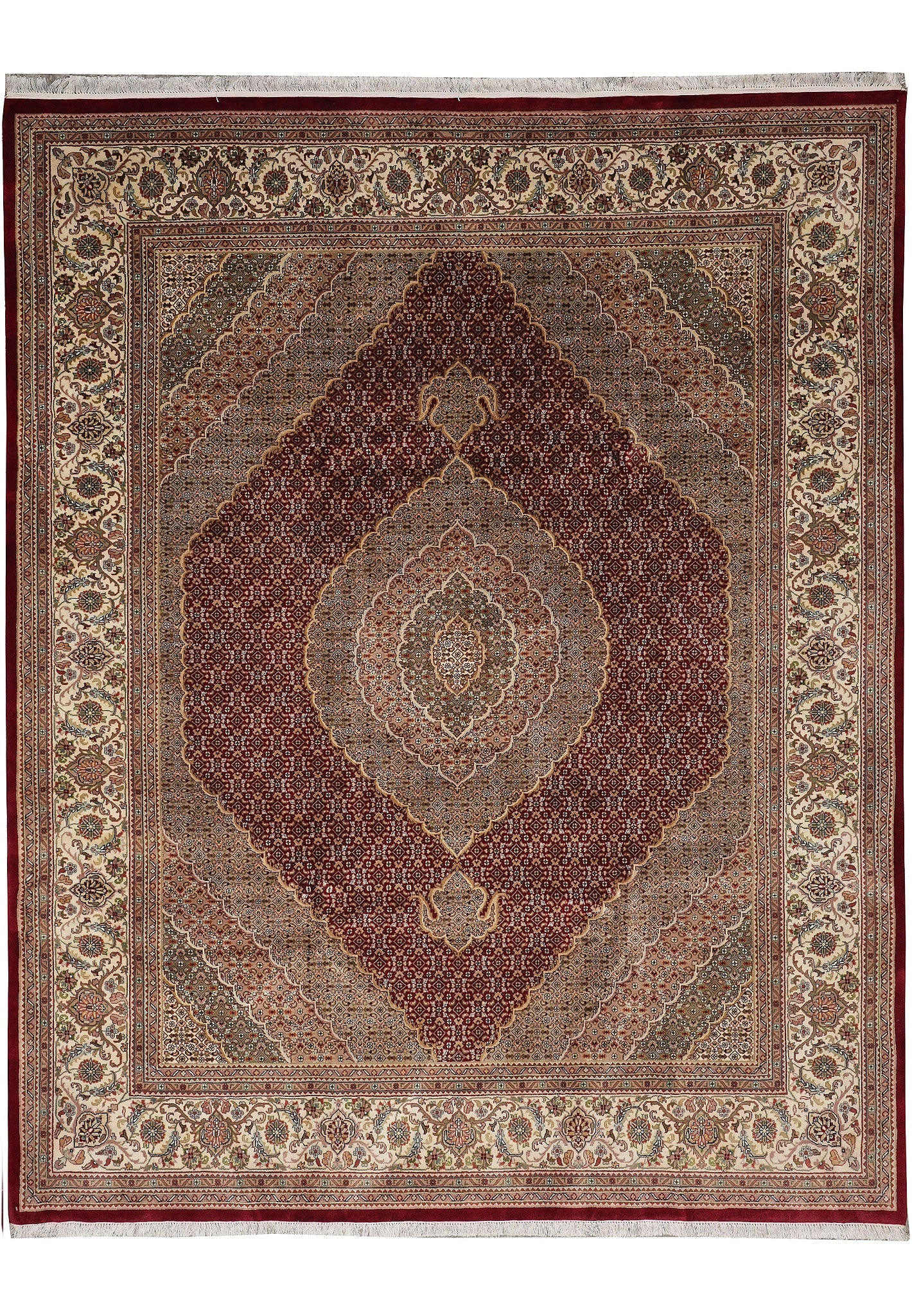 8 x 9.10 Tabriz Mahi Persian Rug Wool Silk Ruby Red Dense Weave: 8 x 9.10 Tabriz Mahi Persian Rug Wool Silk Ruby Red Dense Weave Free continental US Shipping This elegant Tabriz Mahi rug features a dense weave and is meticulously hand-knotted from a high-quality bl