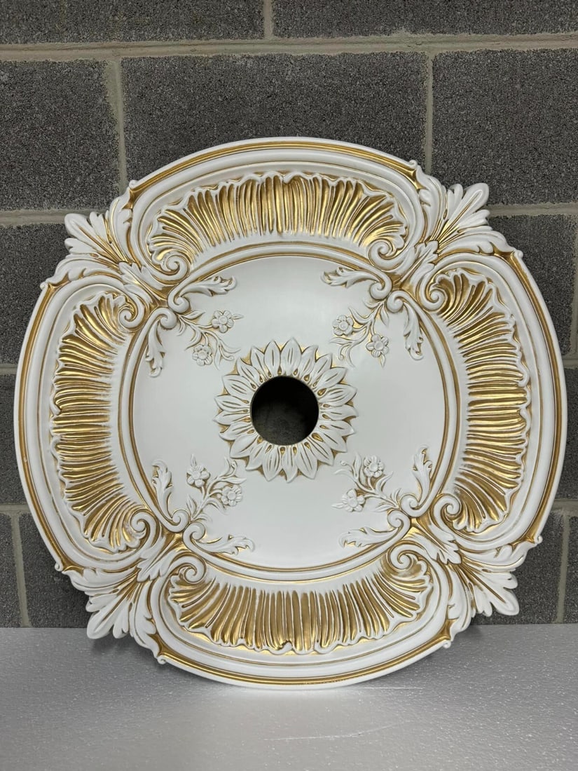 Artistry 30 Inch Gold White Chandelier Ceiling Medallion Antique Style: Artistry 30 Inch Gold White Chandelier Ceiling Medallion Antique Style Enhance your home decor with this stunning 30" ceiling medallion, designed to add a touch of elegance to any space. Crafted from 