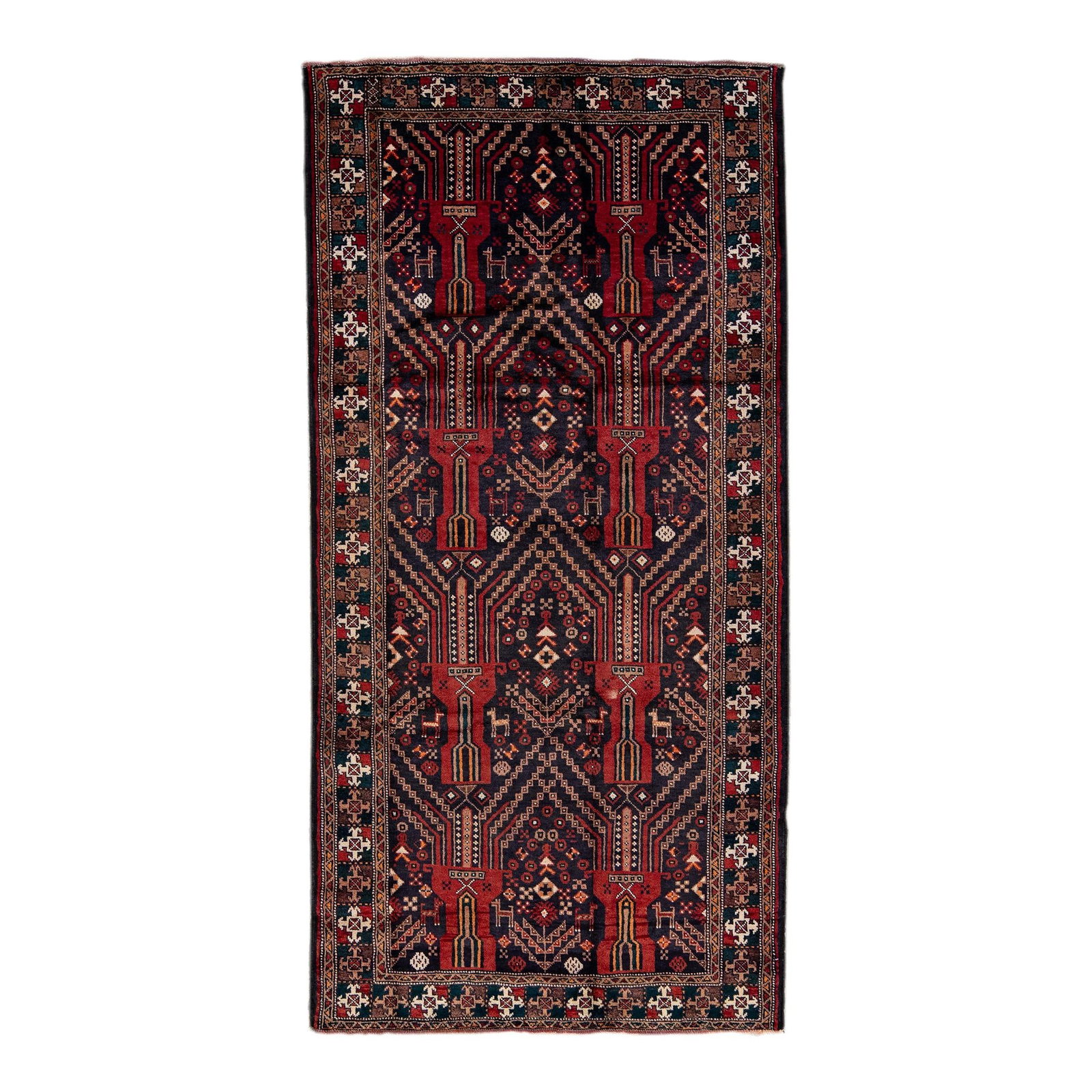 Vintage Persian Hand-Knotted Navy Blue Geometric Wool Rug 3'8" X 7'6": Vintage Persian Hand-Knotted Navy Blue Geometric Wool Rug 3'8" X 7'6" This Vintage Persian rug captivates with its hand-knotted craftsmanship and striking navy blue field. Adorned with multicolored ac
