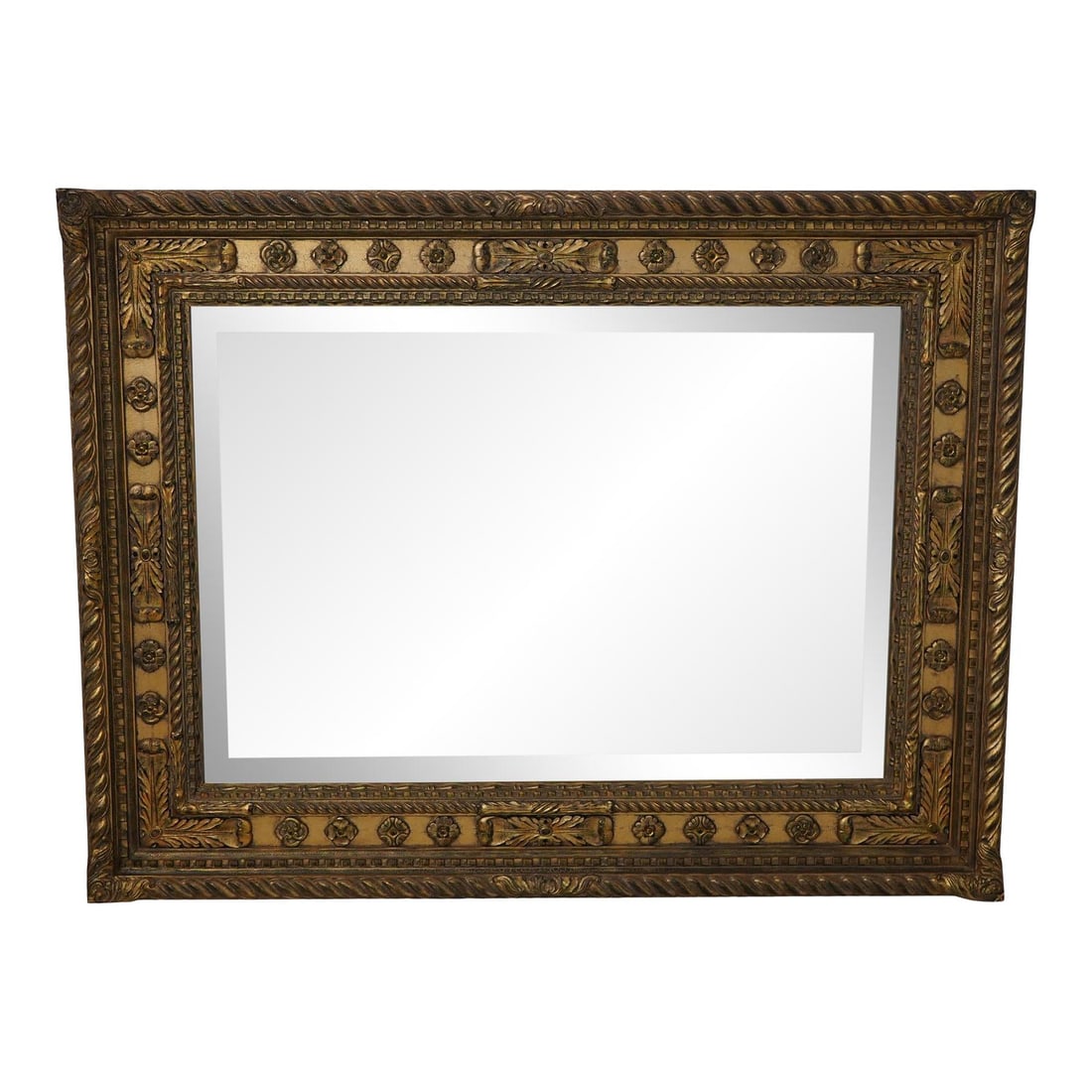 Impressive Antique Gold Beveled Glass Wall Mirror 68 x 51.5: Impressive Antique Gold Beveled Glass Wall Mirror 68 x 51.5 This monumental size wall mirror features an ornate, detailed frame crafted for quality and durability. The beveled glass adds a touch of el