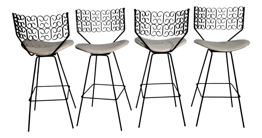 Set of 4 Umanoff Mid Century Swivel Bar Stools Black Wrought Iron: Set of 4 Umanoff Mid Century Swivel Bar Stools Black Wrought Iron Elevate your home bar with this chic set of four mid-century swivel bar stools, designed by Arthur Umanoff for Shaver Howard in the 19