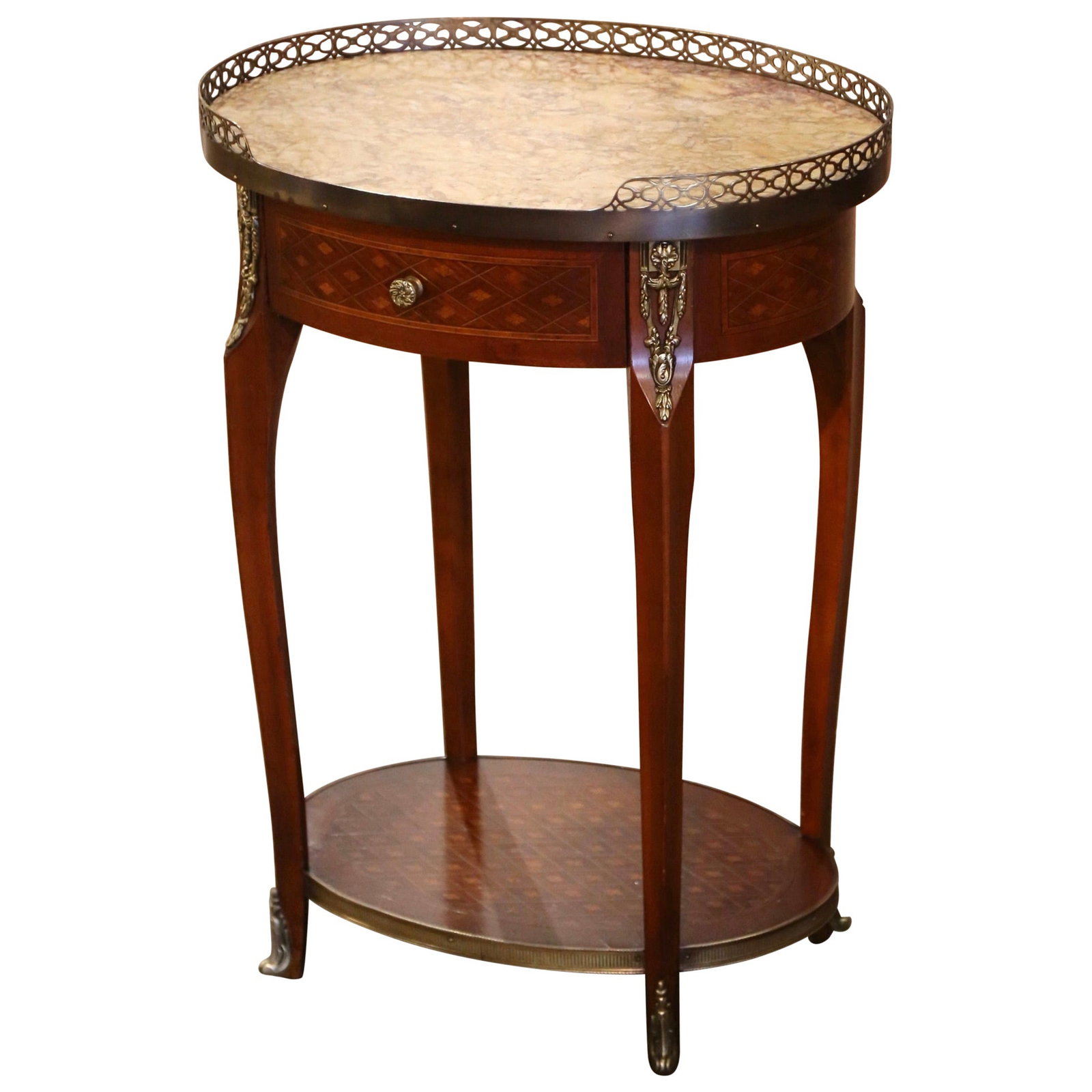 French Walnut Marquetry Oval Table with Marble Top and Brass Accents: French Walnut Marquetry Oval Table with Marble Top and Brass Accents This mid-century French side table is crafted in the Louis XV style from walnut with intricate marquetry and inlaid geometric motif