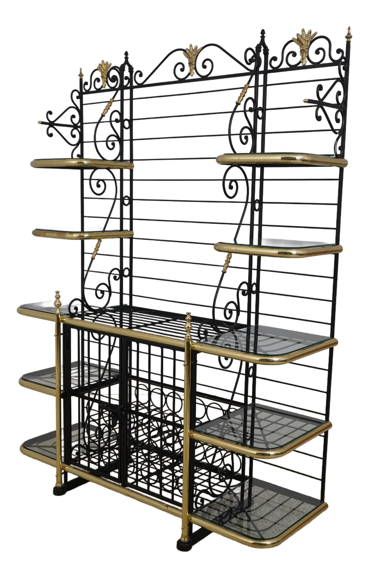 Large French Iron Wine Rack with Brass Accents 61w x 20.5d x 83h: Large French Iron Wine Rack with Brass Accents 61w x 20.5d x 83h This large French iron bakers wine rack combines style and functionality, making it a stunning addition to any home. Crafted with high-