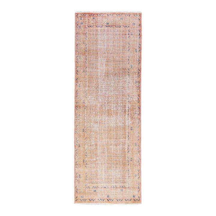 Vintage 1960s Handmade Peach Wool Runner 3'3 x 9'7 Geometric Design: Vintage 1960s Handmade Peach Wool Runner 3'3 x 9'7 Geometric Design This stunning vintage hand-knotted wool runner features a beautiful peach field adorned with blue accents in a geometric distressed 