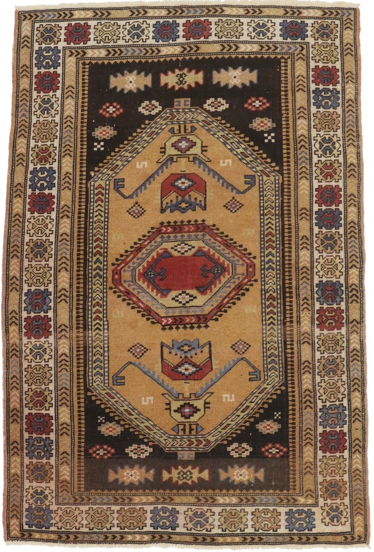 Hand-Knotted Wool Geometric Area Rug Semi-Antique 4'0 x 6'2 Tribal Design: Hand-Knotted Wool Geometric Area Rug Semi-Antique 4'0 x 6'2 Tribal Design This semi-antique handmade geometric Oriental rug from Western Asia features a blend of rusty peach, dark brown, rusty red, bl