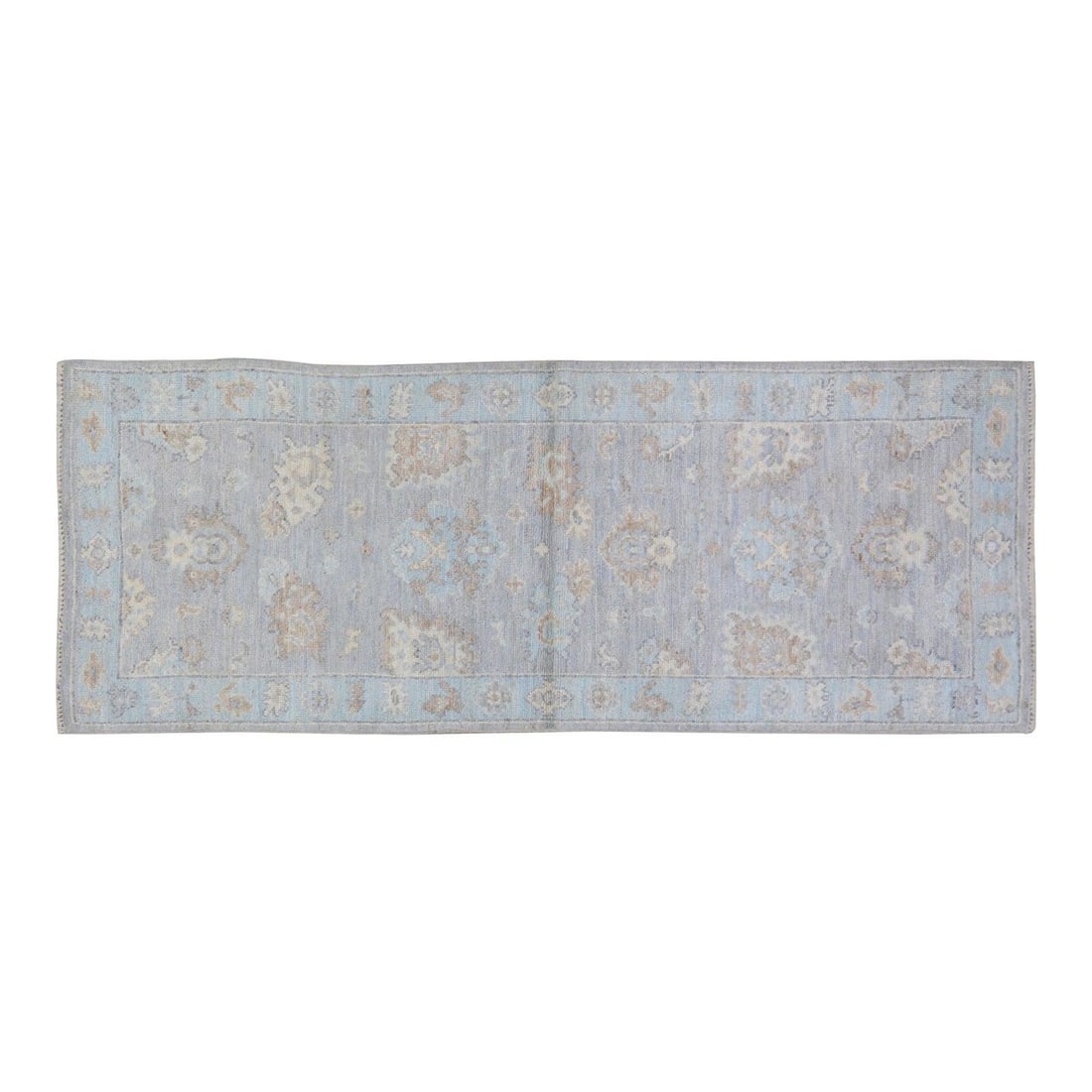 Hand-Knotted Wool Oushak Style Runner Rug in Light Gray 3' x 8': Hand-Knotted Wool Oushak Style Runner Rug in Light Gray 3' x 8' This Oushak hand-knotted wool rug combines traditional craftsmanship with a modern design approach. Expertly crafted using time-honored 