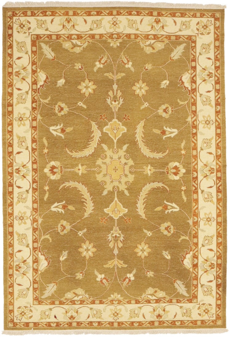 Handmade Sumak Wool Rug 6'6 x 9'4 Floral Pattern Modern Style: Handmade Sumak Wool Rug 6'6 x 9'4 Floral Pattern Modern Style This hand-knotted Sumak Oriental area rug features a modern floral pattern in shades of khaki, cream, rust, and orange. Crafted from wool,