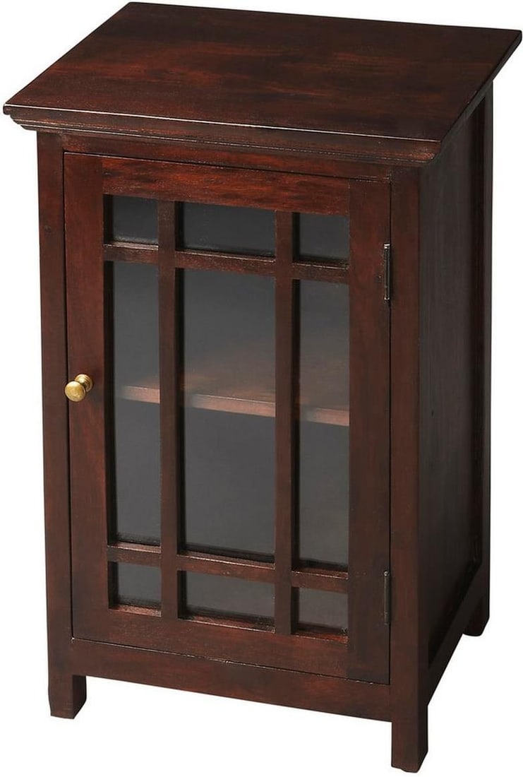 Baxter Collection Rectangular Mango Wood Cabinet with Glass Panel Door: Baxter Collection Rectangular Mango Wood Cabinet with Glass Panel Door This transitional style Baxter cabinet features a hand-painted finish in brown and dark brown tones. Crafted from mango wood and 