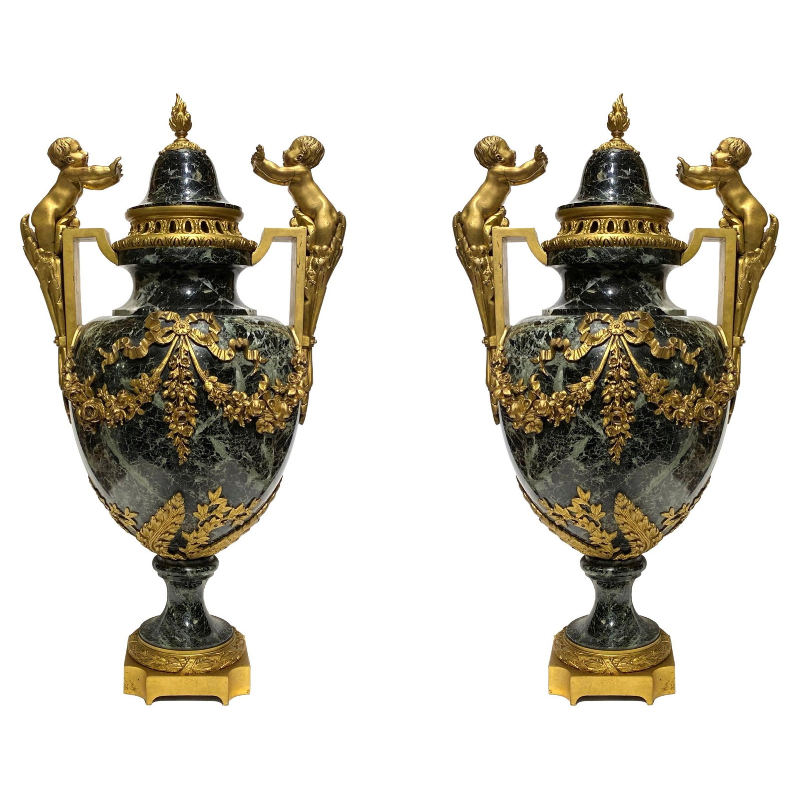 Set of 2 French Louis XVI Gilt Bronze Mounted Marble Urns with Cherub Motifs (1 of 18)