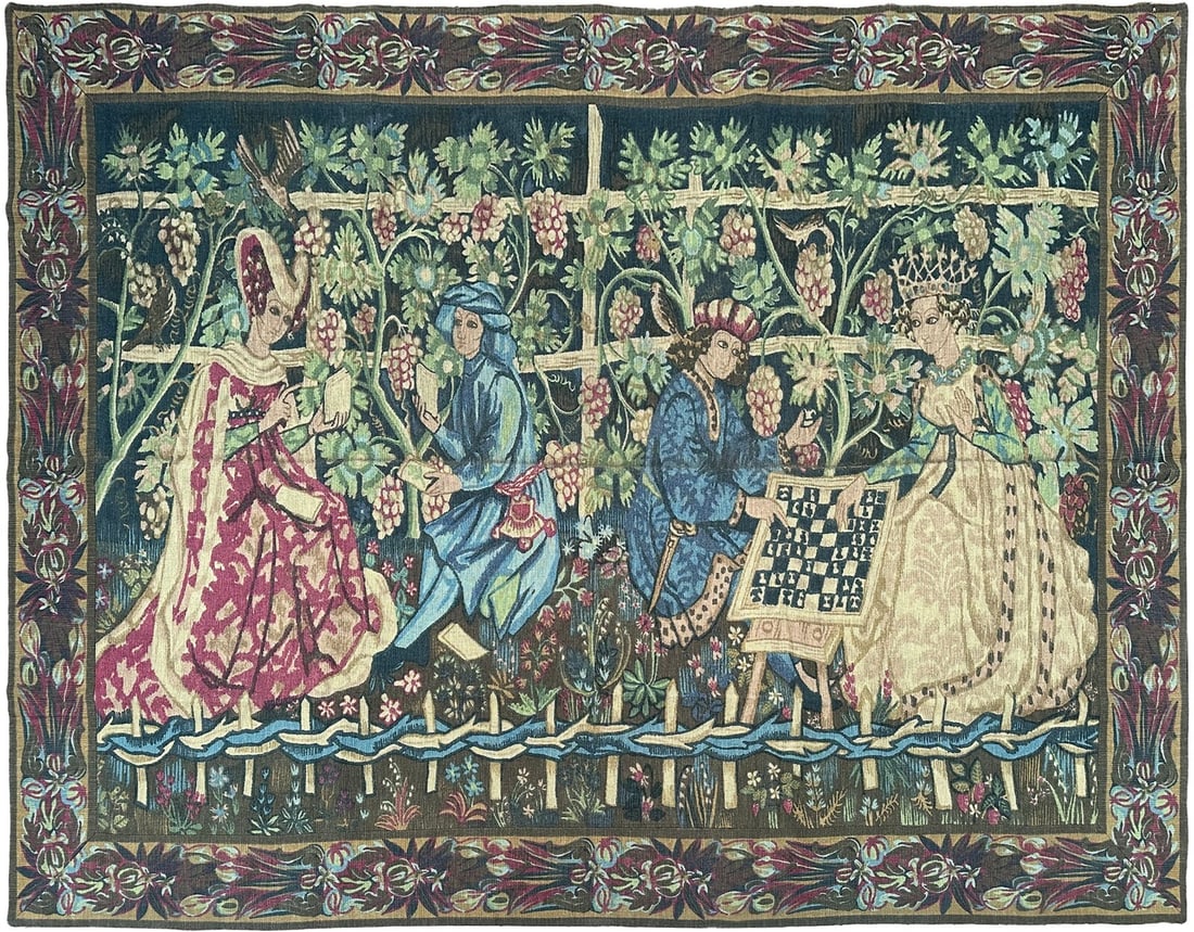 French Verdure Wool Tapestry with Noblemen 5x9 Antique Handmade (1 of 13)