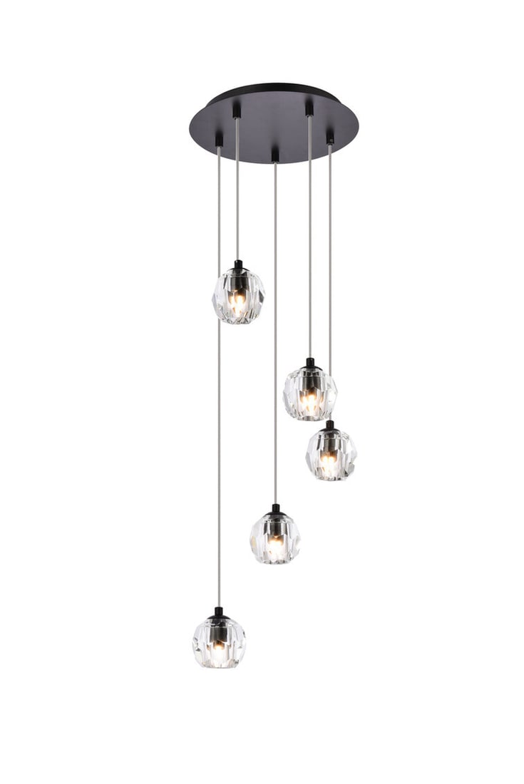 Eren 5-Light Black Crystal Pendant Chandelier 11.8 in: Eren 5-Light Black Crystal Pendant Chandelier 11.8 in This modern pendant chandelier features a sleek black and crystal design, ideal for enhancing the ambiance of dining rooms, kitchens, foyers, and 