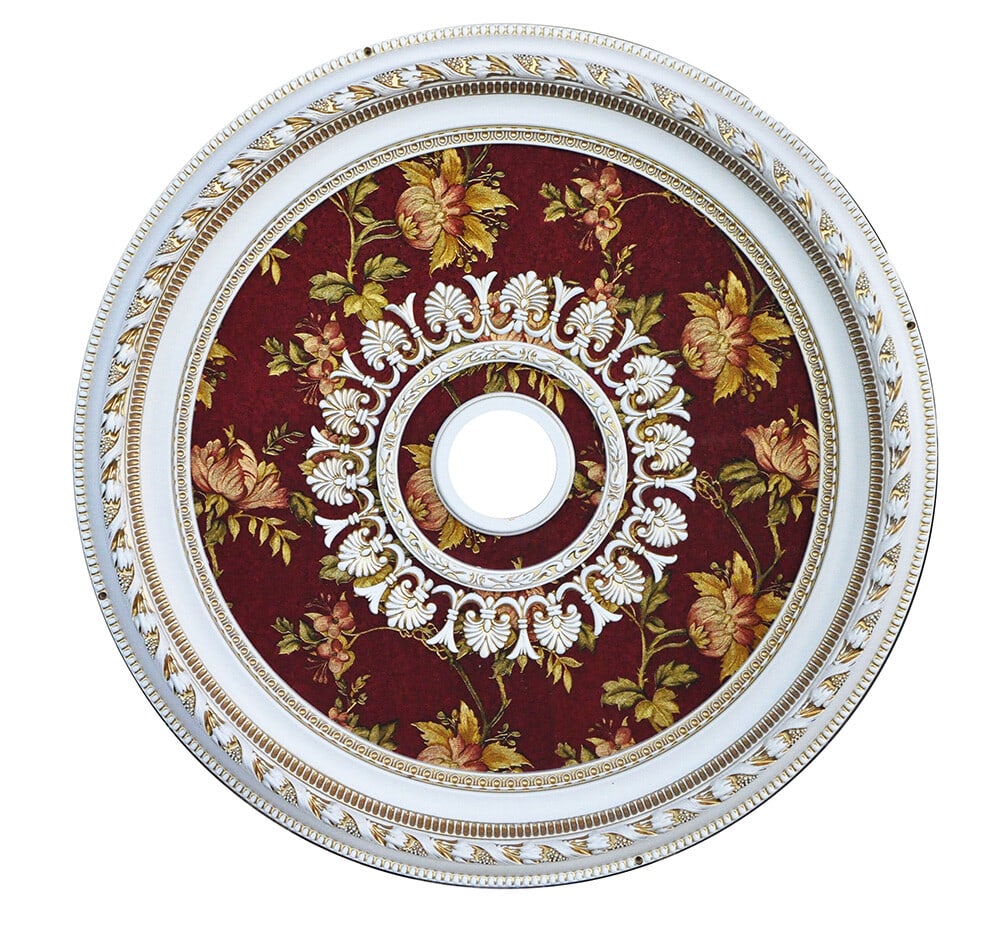 Artistry 32 Inch Round Ceiling Medallion Red Wild Floral: Artistry 32 Inch Round Ceiling Medallion Red Wild Floral This 32-inch round ceiling medallion features a vibrant red wild floral design, adding a decorative accent to foyers, dining rooms, bedrooms, a