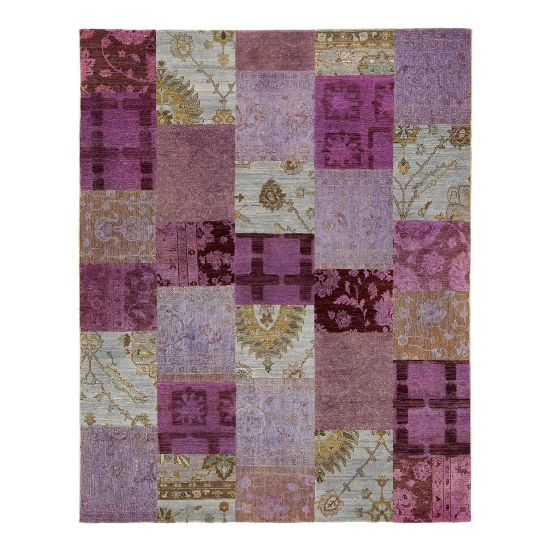 Handmade Pink Floral Patchwork Wool Rug 7'11" x 9'11": Handmade Pink Floral Patchwork Wool Rug 7'11" x 9'11" Enhance your living space with this exquisite handmade modern wool rug, showcasing a captivating pink field. Adorned with a floral-inspired patter