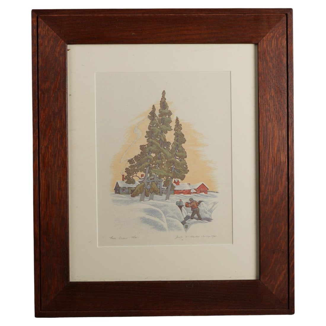 Framed James Haven Three Cedars signed numbered winter farm print c1945 (1 of 10)