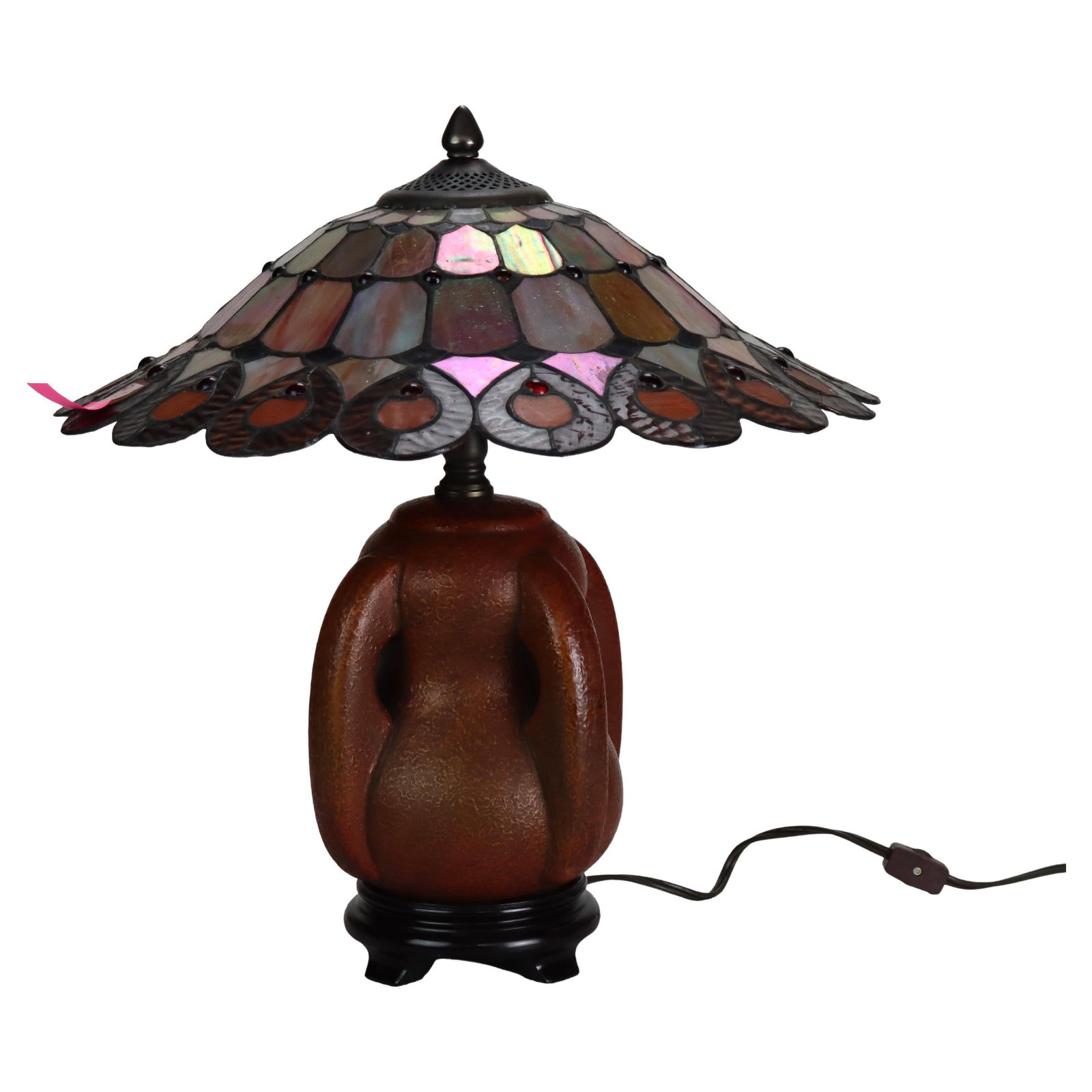 Leaded Stained Glass Lamp With Pottery Base Arts and Crafts Style 20th Century: Leaded Stained Glass Lamp With Pottery Base Arts and Crafts Style 20th Century This Arts & Crafts table lamp features a leaded stained glass shade with an intricate mosaic of colored glass panels in g