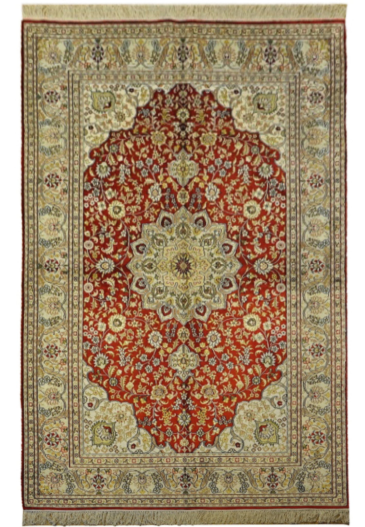 5 x 8 Floral Medallion Traditional Silk Area Rug: 5 x 8 Floral Medallion Traditional Silk Area Rug Free continental US Shipping This 5 x 8 foot traditional area rug features a classic floral medallion design with intricate vine scrolls and decorative