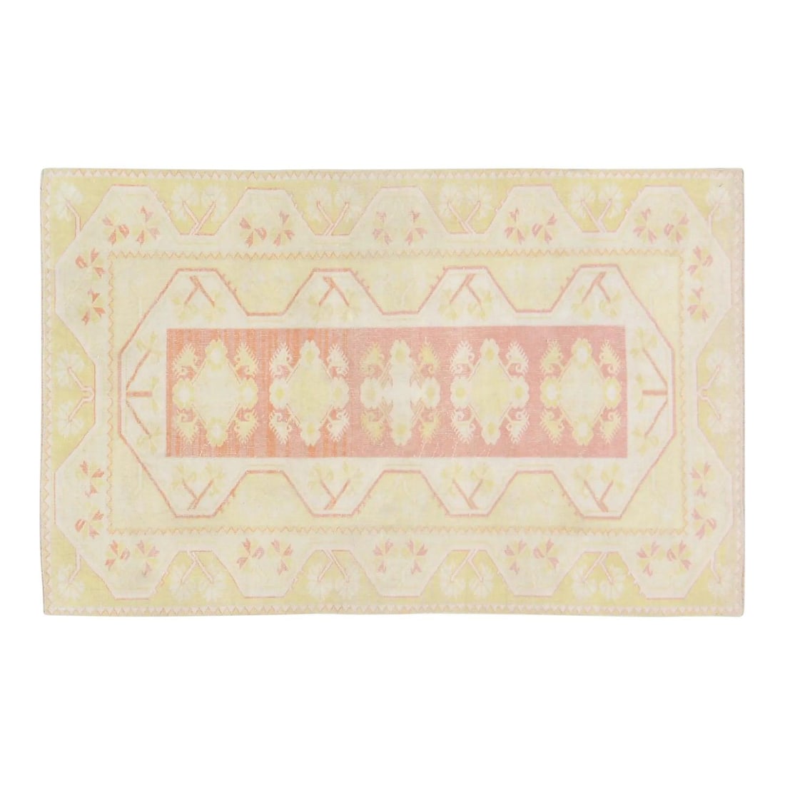 Hand Knotted Wool Anatolian Rug in Salmon 3'10" x 6'1": Hand Knotted Wool Anatolian Rug in Salmon 3'10" x 6'1" This vintage Turkish Anatolian rug features a hand-knotted wool construction with natural colors and a salmon hue. The rug showcases traditional 
