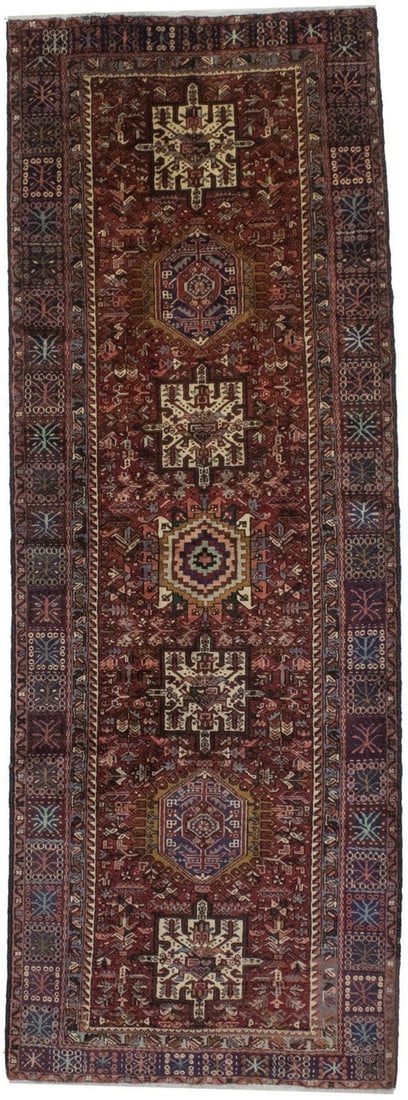 Hand-knotted wool geometric runner rug 4'7 x 13'1 vintage tribal: Hand-knotted wool geometric runner rug 4'7 x 13'1 vintage tribal This vintage hand-knotted wool runner rug features a striking geometric pattern in a palette of red, ivory, caramel, navy blue, salmon,