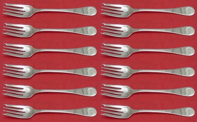 Tiffany & Co King William Sterling Silver Salad Fork Set of 12: Tiffany & Co King William Sterling Silver Salad Fork Set of 12 Indulge in elegance with this exquisite set of 12 salad forks from the prestigious King William pattern by Tiffany & Co. Crafted from hig