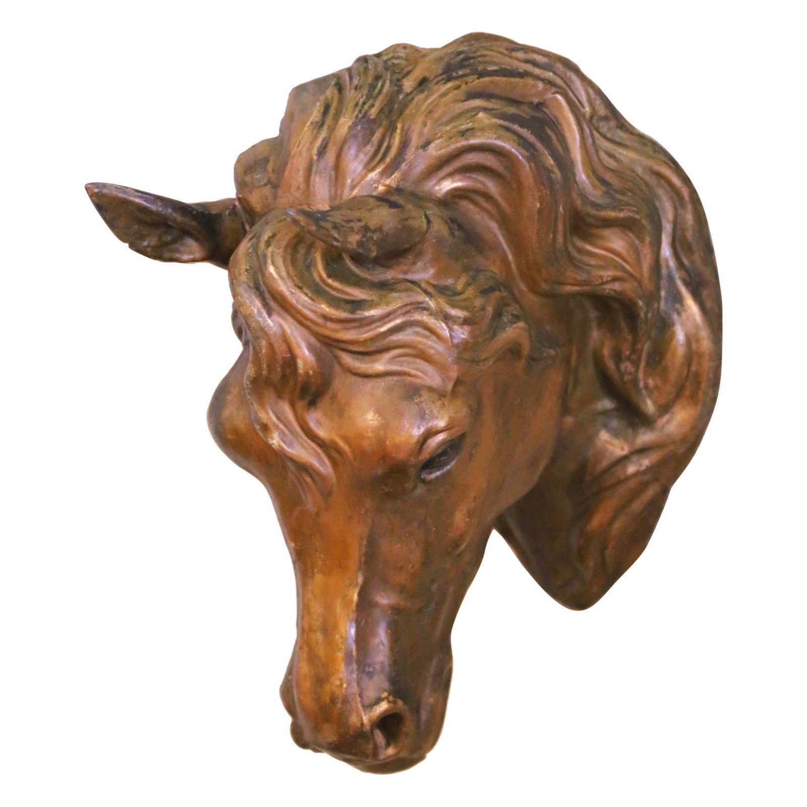 Antique French Zinc Equestrian Wall Mount Trade Sign Sculpture Circa 19th Century: Antique French Zinc Equestrian Wall Mount Trade Sign Sculpture Circa 19th Century This 19th century French horse head wall sculpture, crafted circa 1870, is made of molded zinc with a hand-painted and