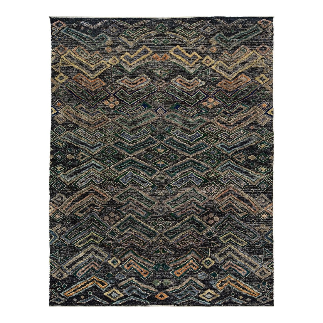 Charcoal Wool Tulu Rug 7'11 x 10'2 Geometric Chevron Pattern: Charcoal Wool Tulu Rug 7'11 x 10'2 Geometric Chevron Pattern This modern Tulu rug features a bold geometric pattern of chevrons and diamonds inspired by African design. Hand-knotted from premium wool,