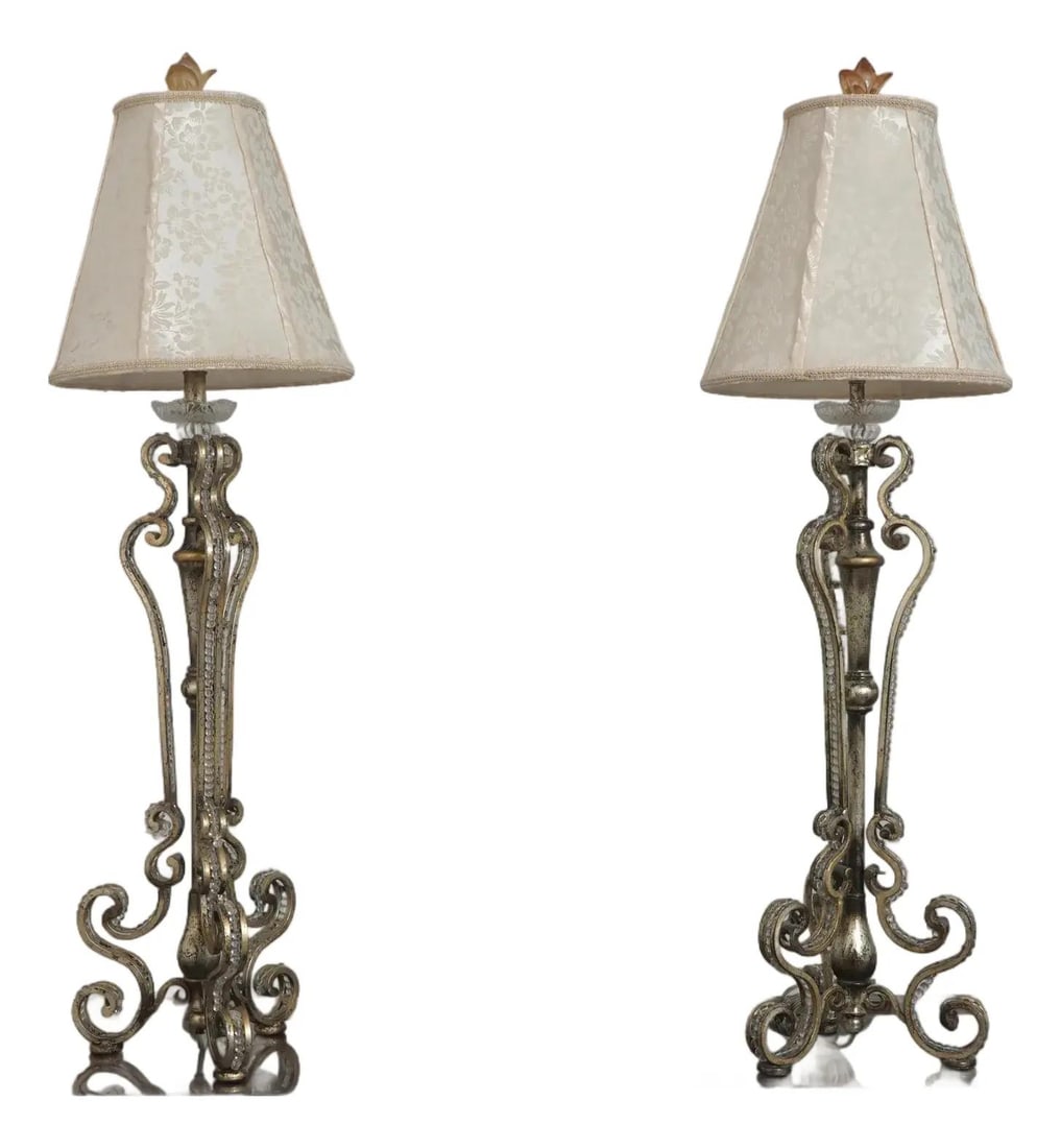 Pair Italian Venetian Style Iron Lamps with Beaded Trim (1 of 10)