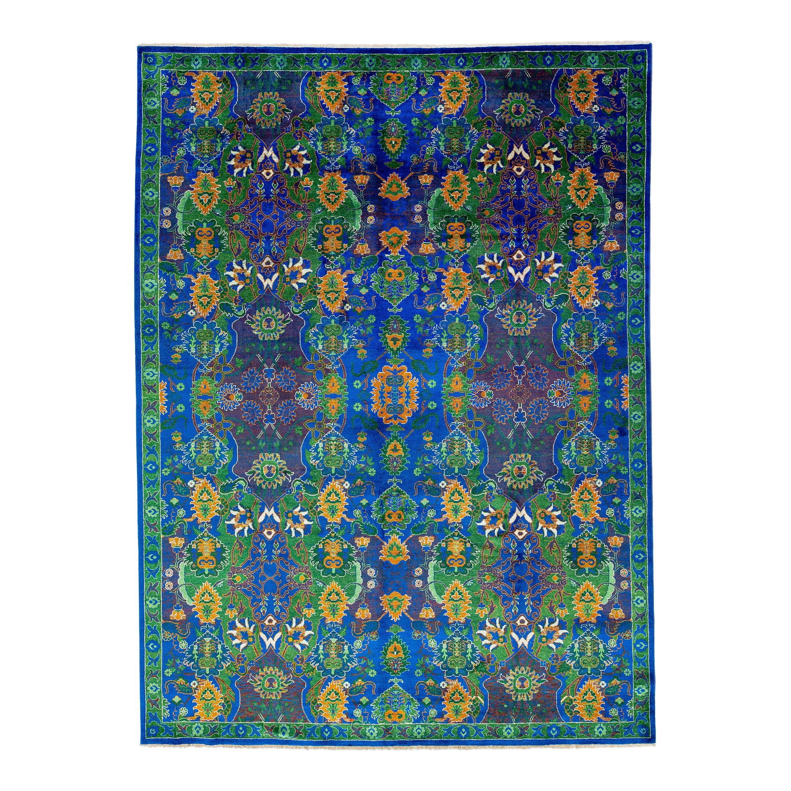 2010s Handmade Wool Silk Rug Blue Floral Design 9' x 12': 2010s Handmade Wool Silk Rug Blue Floral Design 9' x 12' This contemporary transitional handmade rug features a stunning blue and green floral pattern that adds a touch of elegance to any space.