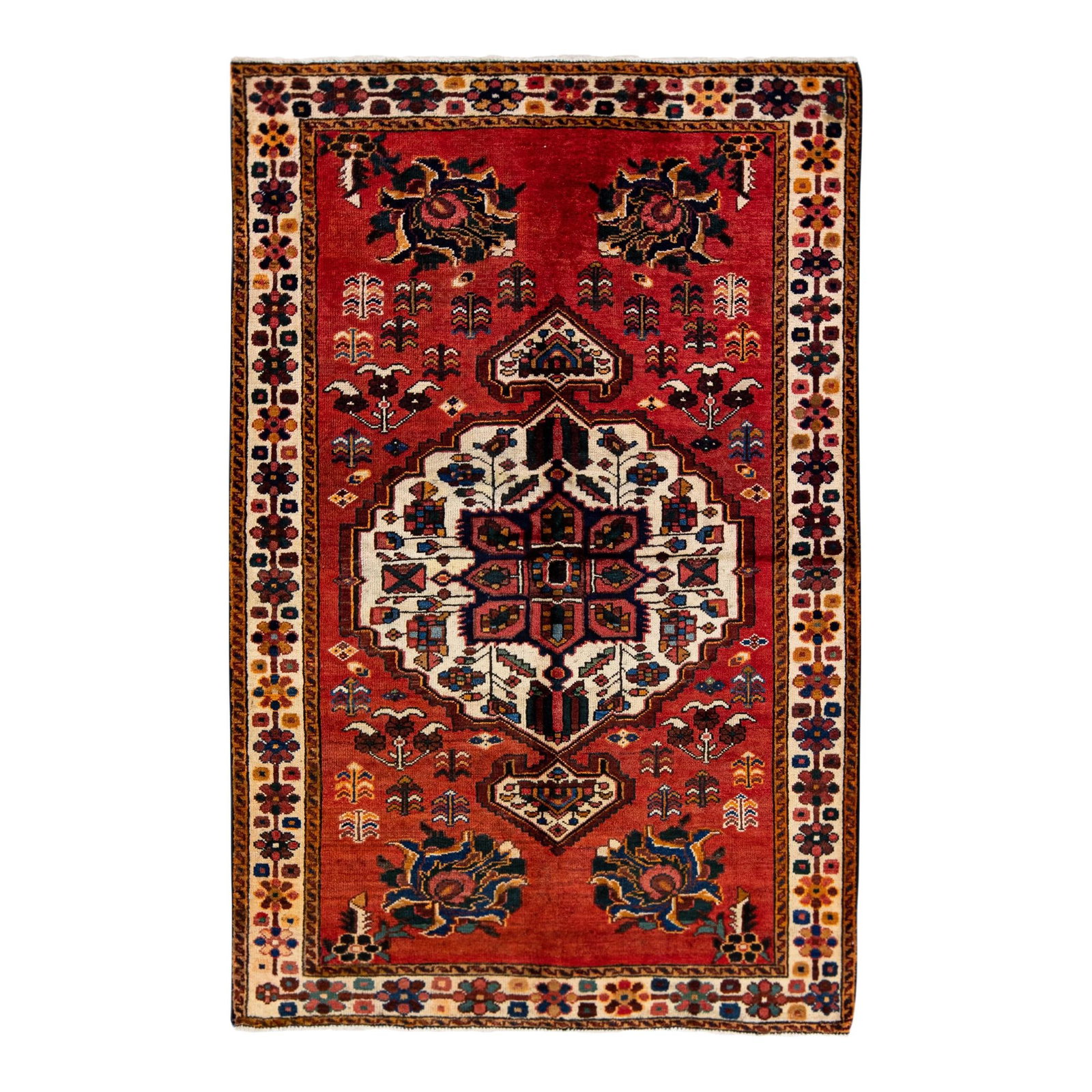 Vintage Handmade Persian Wool Rug Red Medallion 4'4" x 6'9": Vintage Handmade Persian Wool Rug Red Medallion 4'4" x 6'9" Discover the exquisite craftsmanship of this Vintage Handmade Persian Wool Rug, featuring a striking red field and a beautifully intricate m
