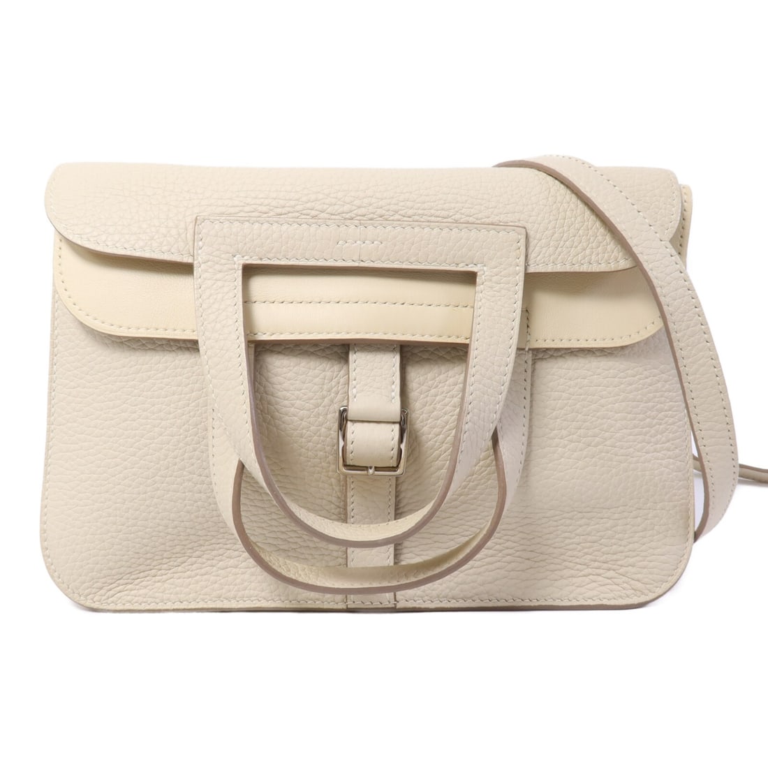 Hermes Halzan 25 Beige Calfskin 2 Way Shoulder Bag: Hermes Halzan 25 Beige Calfskin 2 Way Shoulder Bag This Hermes Halzan 25 is a versatile 2-way shoulder bag crafted from Clemence calfskin leather in a beige (Craie) color. Made in France, the bag feat