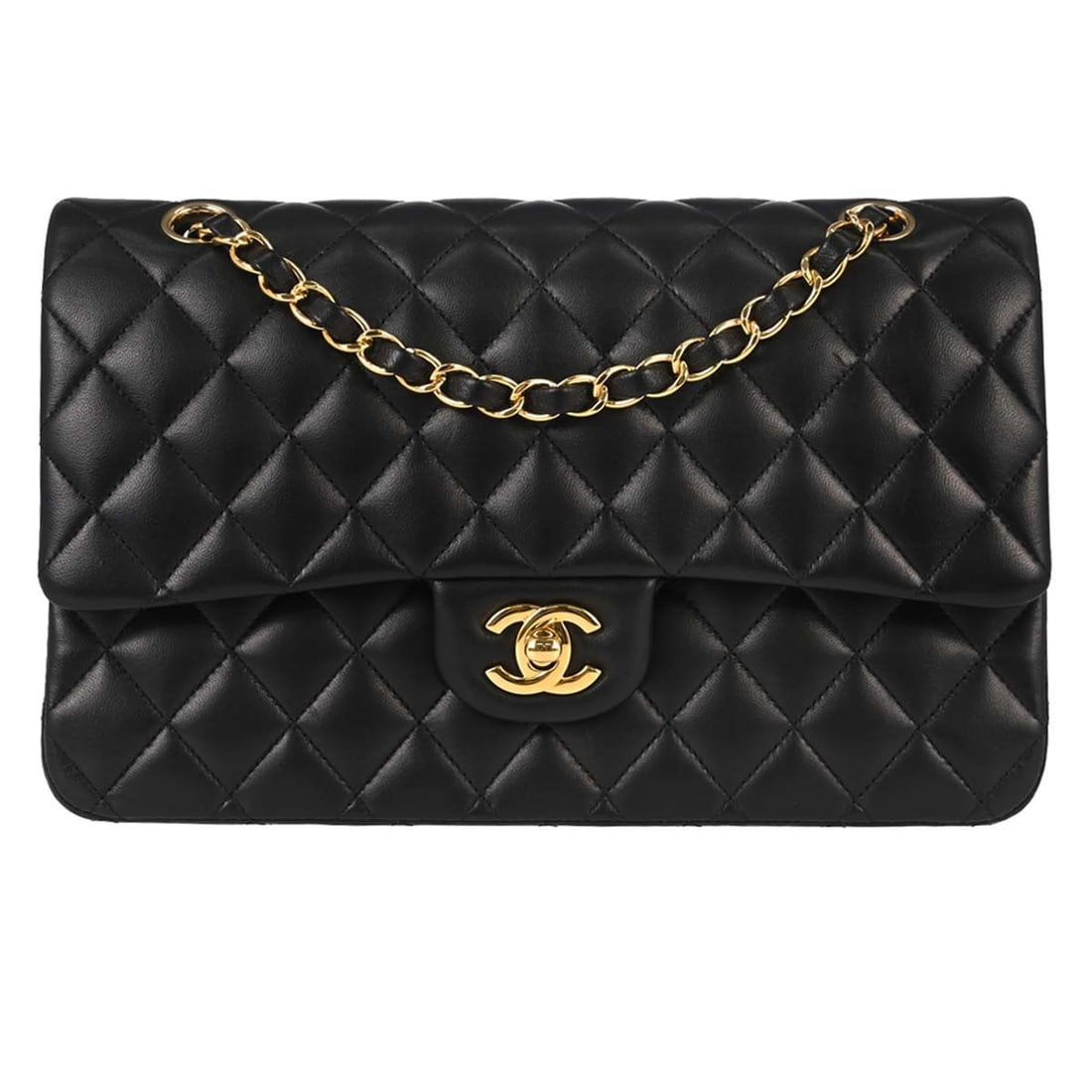 CHANEL Classic Double Flap Medium Shoulder Bag Black Lambskin: CHANEL Classic Double Flap Medium Shoulder Bag Black Lambskin Chanel Medium Classic Double Flap shoulder bag in black lambskin leather. This women's shoulder bag features a turn-lock closure and chain