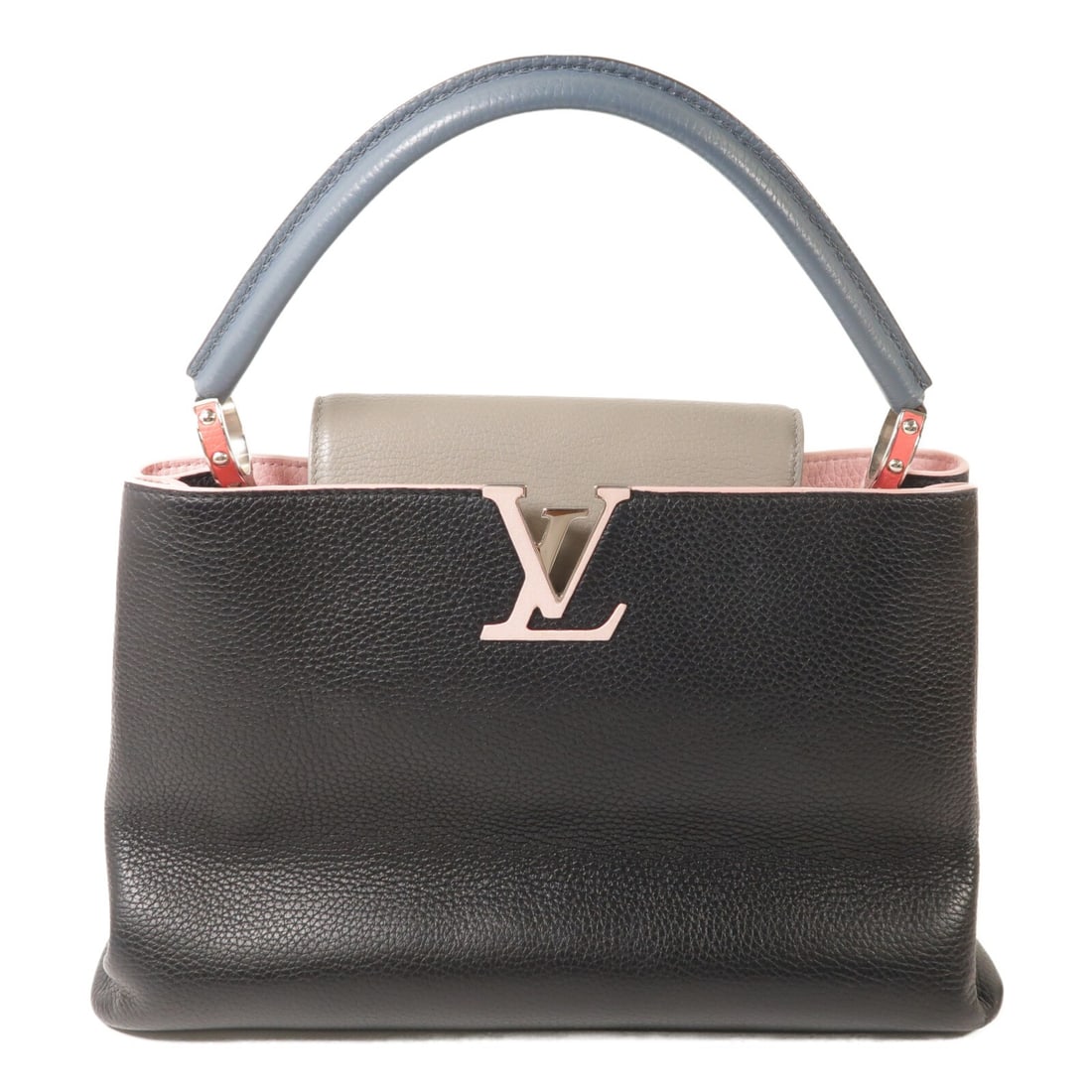 Capucines MM Black and Pink Calfskin Handbag by Louis Vuitton M94387 SHW: Capucines MM Black and Pink Calfskin Handbag by Louis Vuitton M94387 SHW This Louis Vuitton Capucines MM handbag is crafted from black calfskin leather with pink accents. Designed for women, it featur