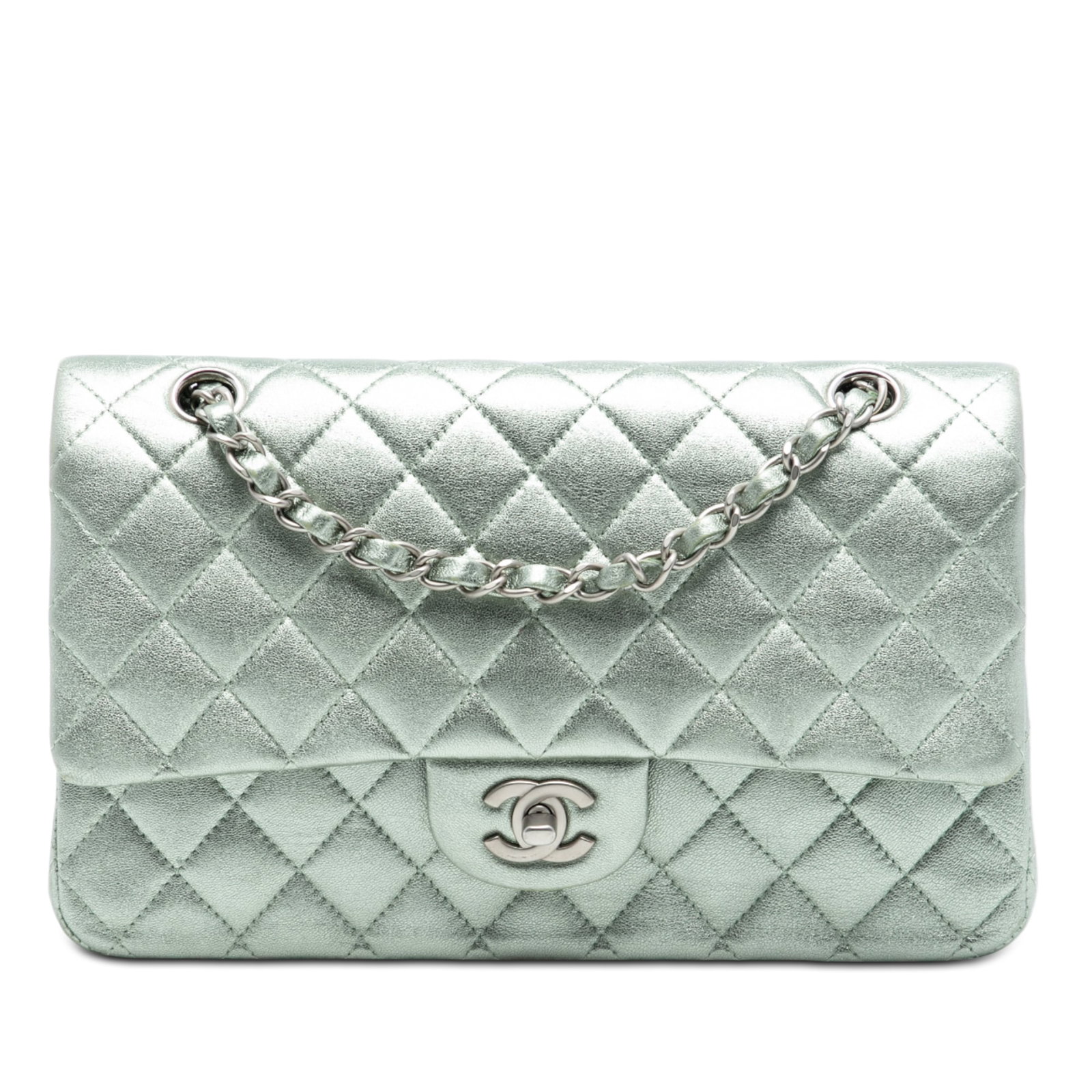 Chanel Medium Metallic Green Lambskin Quilted Double Flap Shoulder Bag (1 of 7)