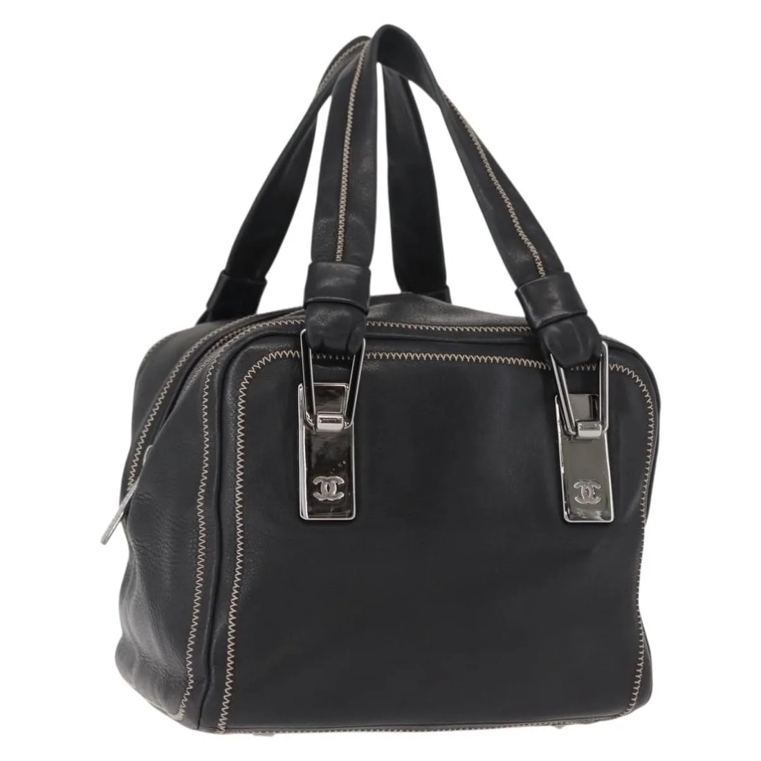 Chanel Quilted Caviar Leather Bowler Bag 19cm Black for Women: Chanel Quilted Caviar Leather Bowler Bag 19cm Black for Women This pre-owned Chanel CC Bowler handbag features black quilted caviar leather with metal fittings. Designed for women, it measures 19cm x 
