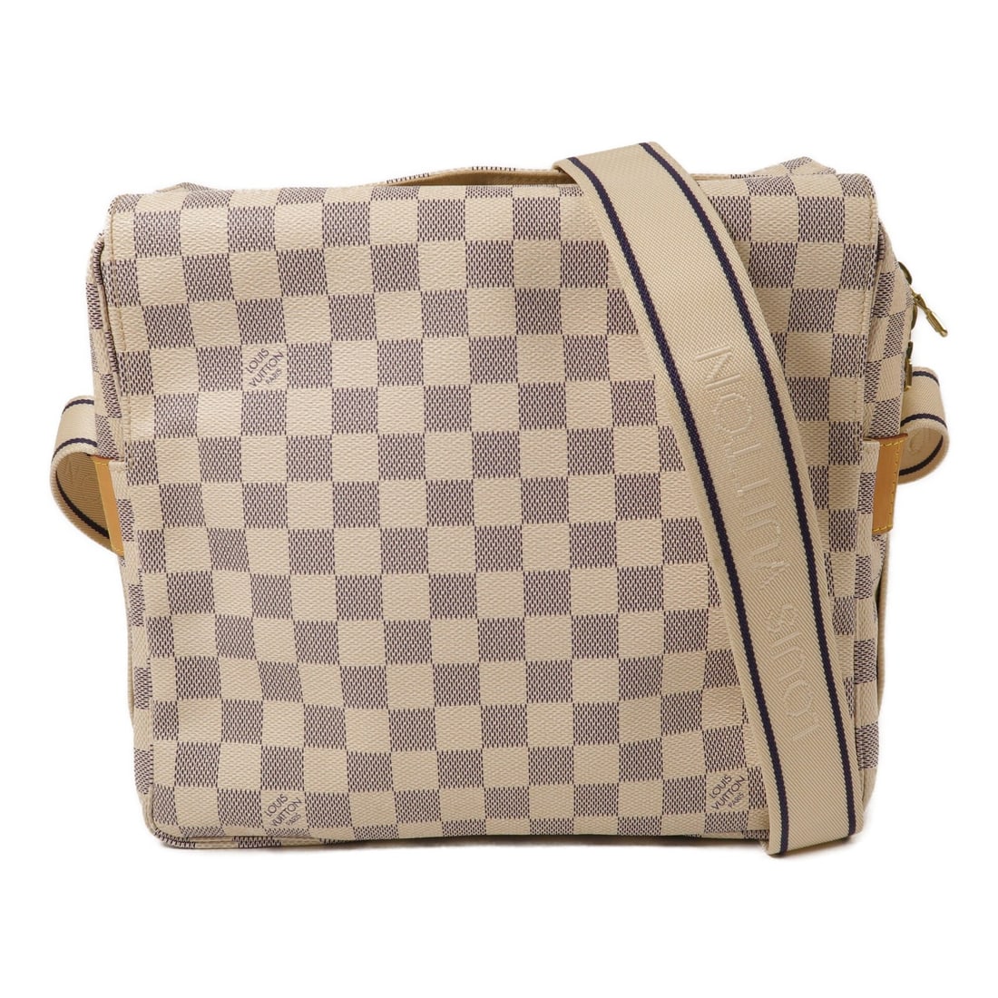 Louis Vuitton Naviglio Damier Azur Shoulder Bag N51189: Louis Vuitton Naviglio Damier Azur Shoulder Bag N51189 Louis Vuitton Naviglio shoulder bag in Damier Azur with a white exterior and gold-tone hardware. Made in France, this unisex bag features PVC coa