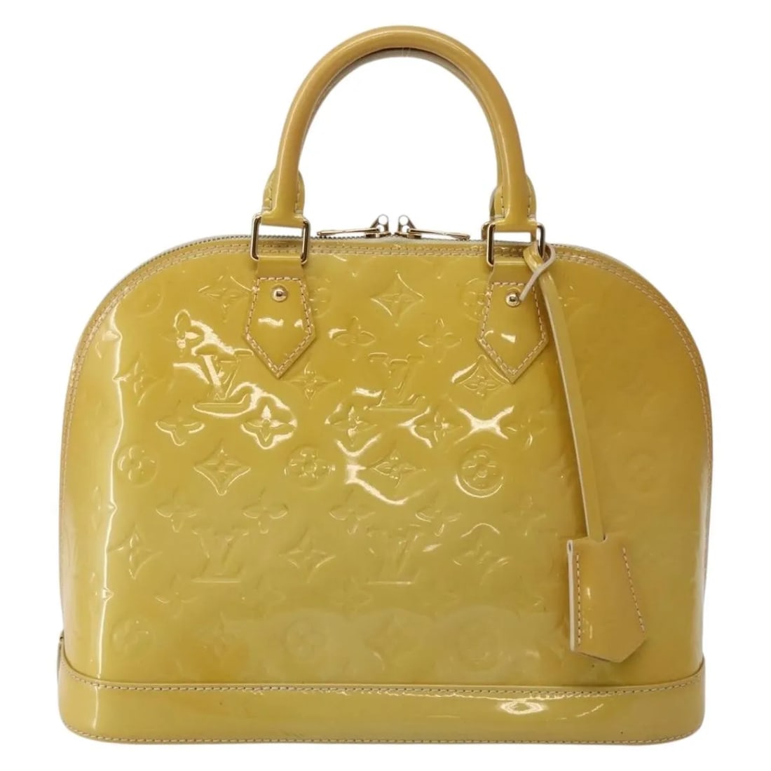 Louis Vuitton Alma patent leather handbag beige 32cm x 26cm x 16cm: Louis Vuitton Alma patent leather handbag beige 32cm x 26cm x 16cm This Louis Vuitton Alma handbag is crafted from brown patent leather and designed for women. It features a structured shape with sign