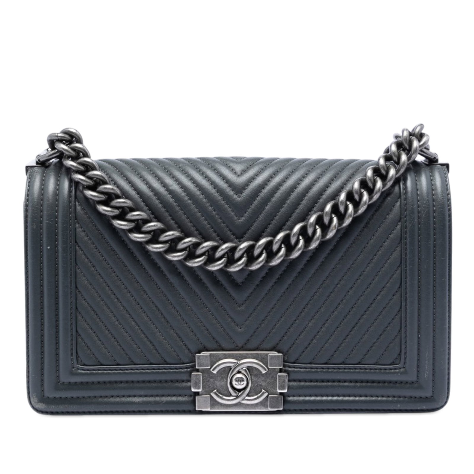 Chanel Boy Flap Chevron Lambskin Gray Medium: Chanel Boy Flap Chevron Lambskin Gray Medium This Chanel Old Medium Chevron Lambskin Boy Flap bag features a quilted lambskin leather body in a chevron pattern, complemented by a chain link and adjust