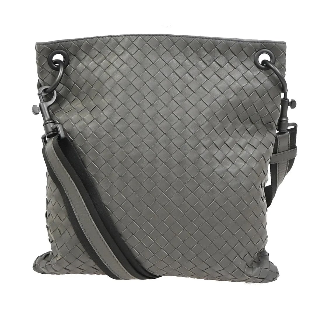 Gray Intrecciato Leather Flat Messenger Bag by Bottega Veneta: Gray Intrecciato Leather Flat Messenger Bag by Bottega Veneta This Bottega Veneta Flat Messenger Bag features the signature Intrecciato Nappa leather design in a versatile gray color. Designed for uni