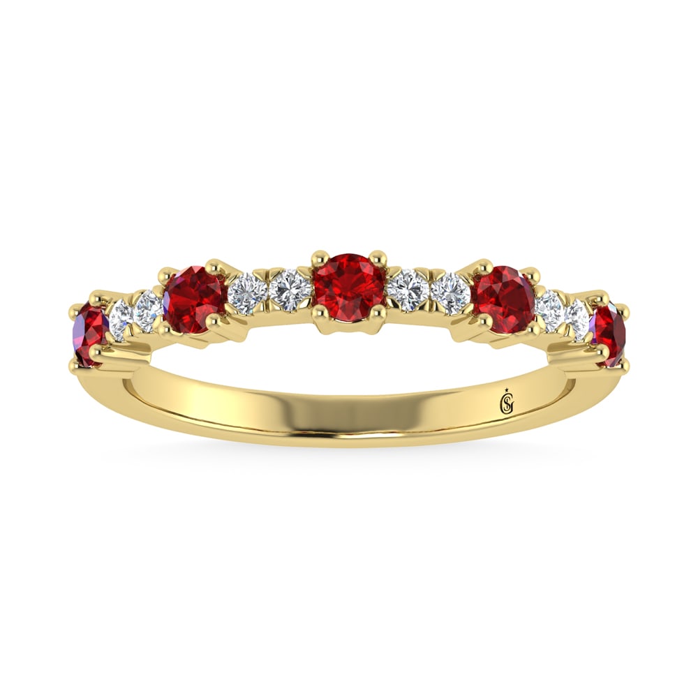 14K Yellow Gold Diamond 5/8 Ct. Tw. Alternate Diamond and Ruby Stackable Band: 14K Yellow Gold Diamond 5/8 Ct. Tw. Alternate Diamond and Ruby Stackable Band 14k Yellow Gold Stone Color: G-h Stone Clarity: Si3 Each ring is presented in standard size 6.5. Complimentary resizing is