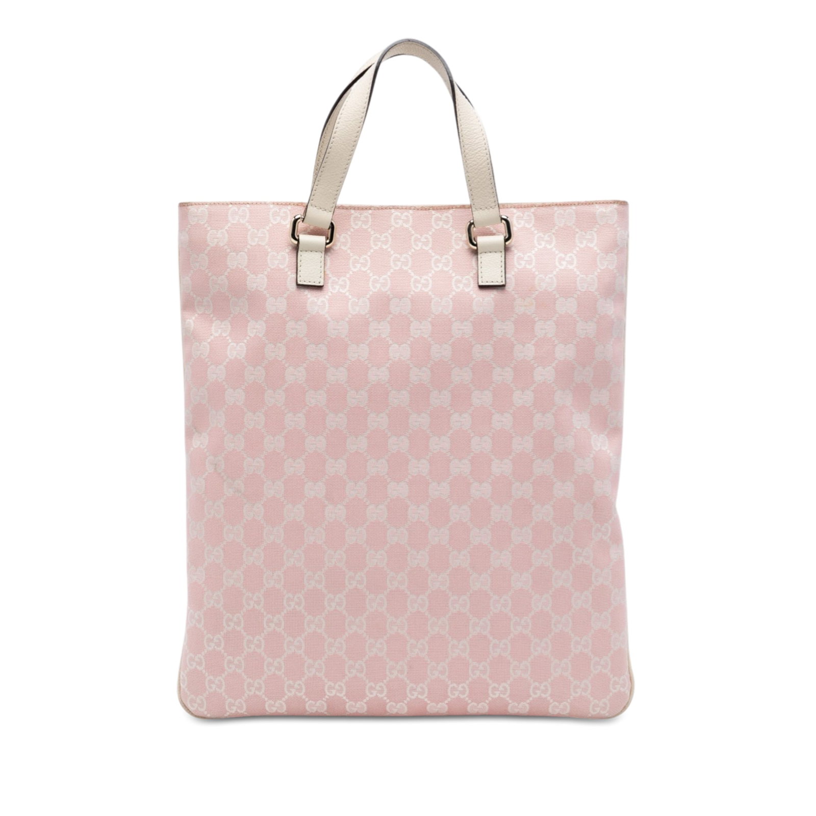 Pink Gucci GG Canvas Tote Bag: Pink Gucci GG Canvas Tote Bag This Gucci GG Canvas Tote features a pink canvas body with flat leather straps and an open top secured by a magnetic closure. The interior includes a zip pocket for added