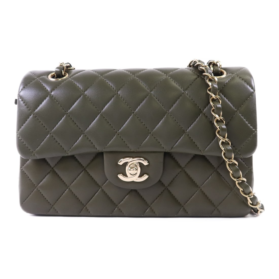 Chanel Green Lambskin Classic 23 Shoulder Bag with CC Logo and Gold Hardware: Chanel Green Lambskin Classic 23 Shoulder Bag with CC Logo and Gold Hardware This CHANEL Classic 23 Chain Shoulder Bag features iconic CC detailing and is crafted from green lambskin leather. The bag 